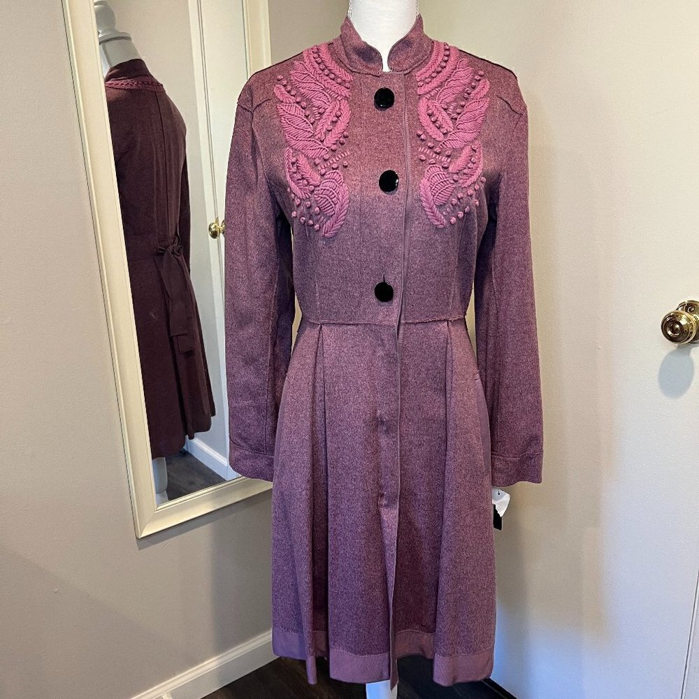 NWT Designer Magaschoni Plum Wool and Cashmere Blend Coat, Size Small